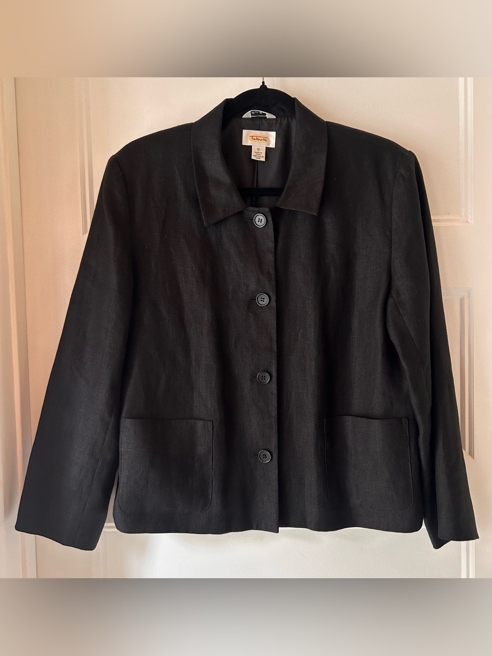 Talbots Irish Linen Jacket Women 12 Black Button Front Quiet Luxury Blazer Boxy